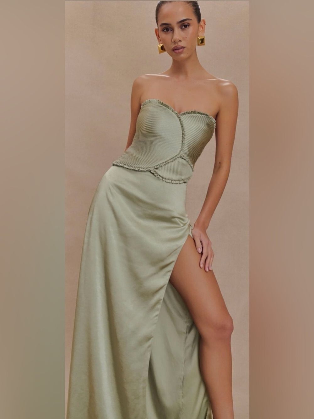 Meshki Larissa Satin Maxi Dress With Ruched Petals - Sage